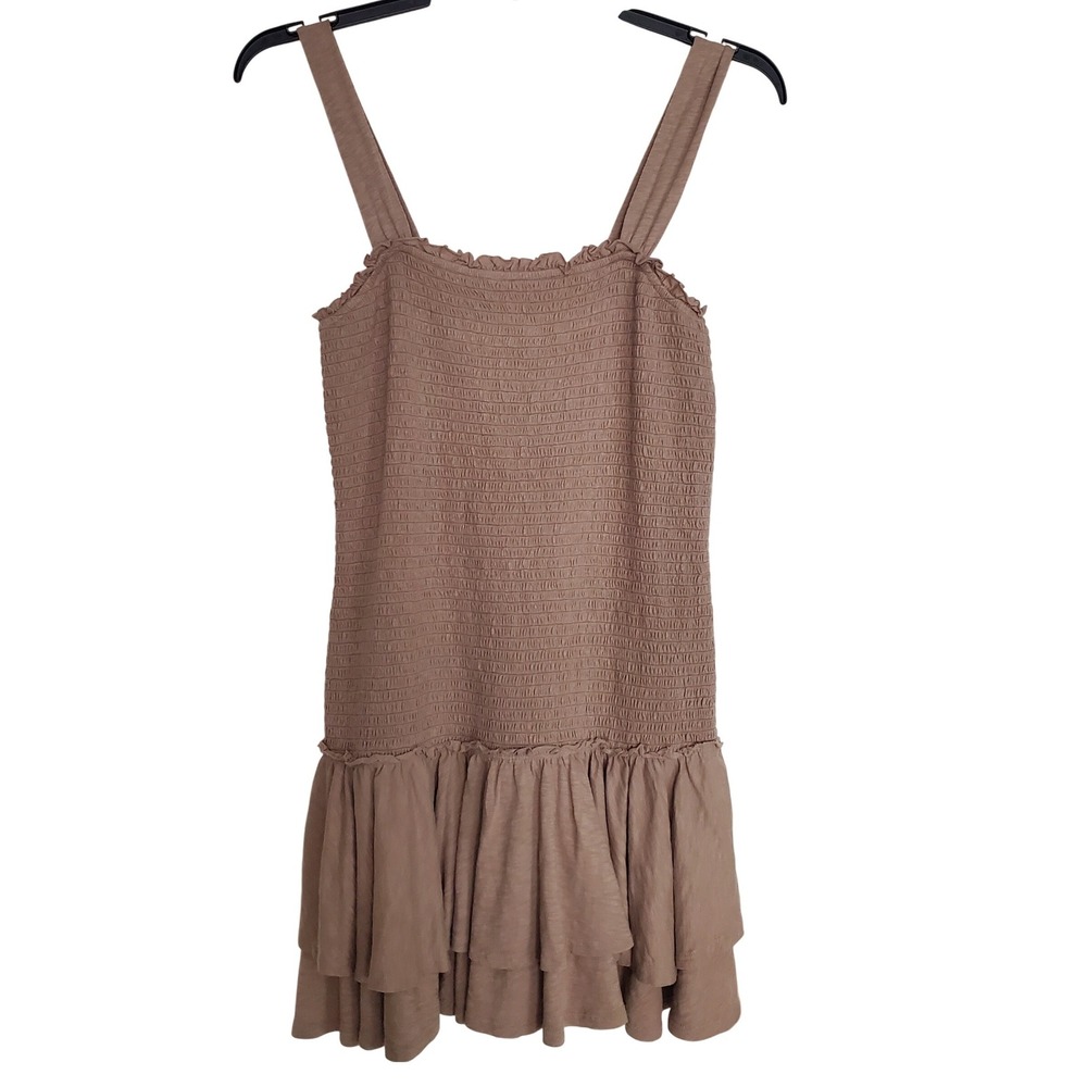 AE Sunchaser Smocked Ruffle Tiered Tank Mini Dress Tan Boho Casual Earthy Med